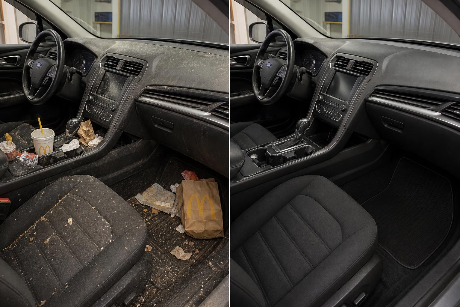Before and after: the same car interior shown trashed and filthy on the left, then spotless and freshly detailed on the right, photographed from the identical camera angle